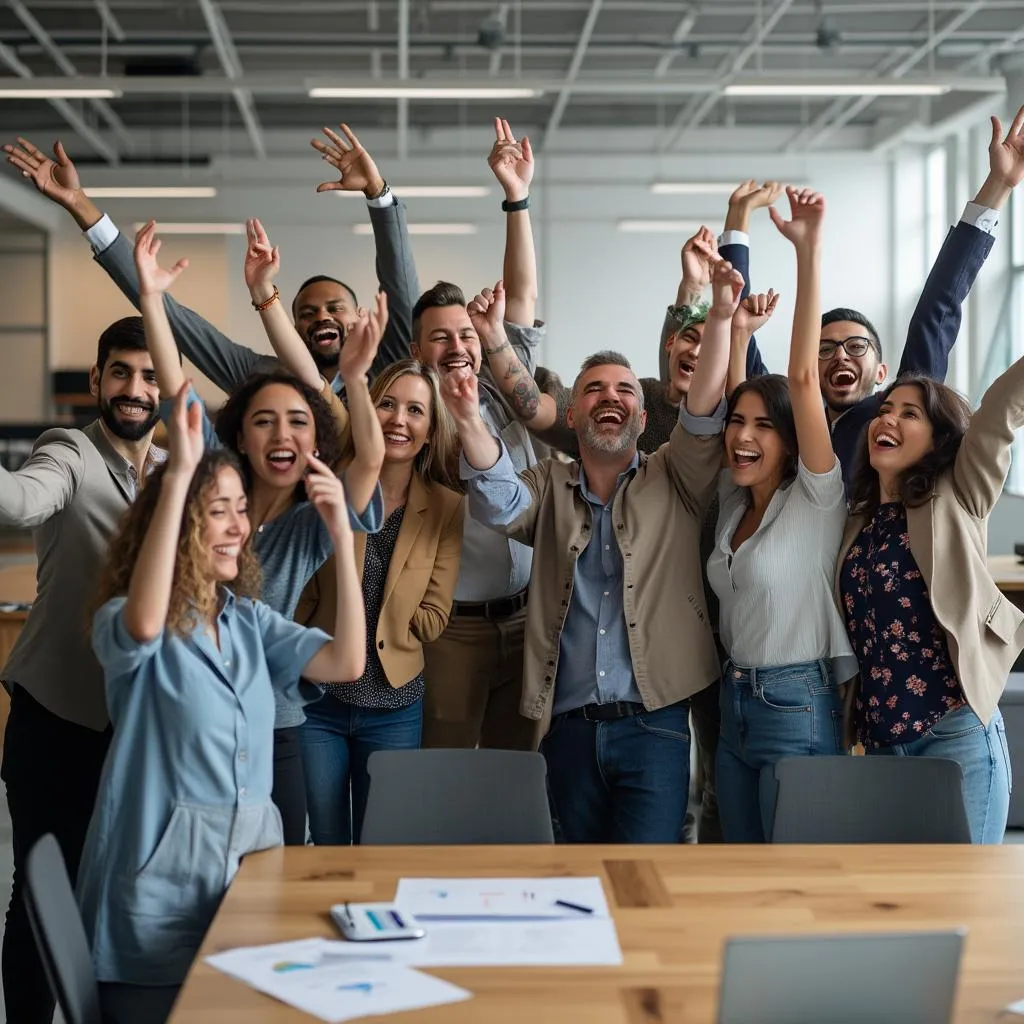 Equipo celebrando un logro empresarial